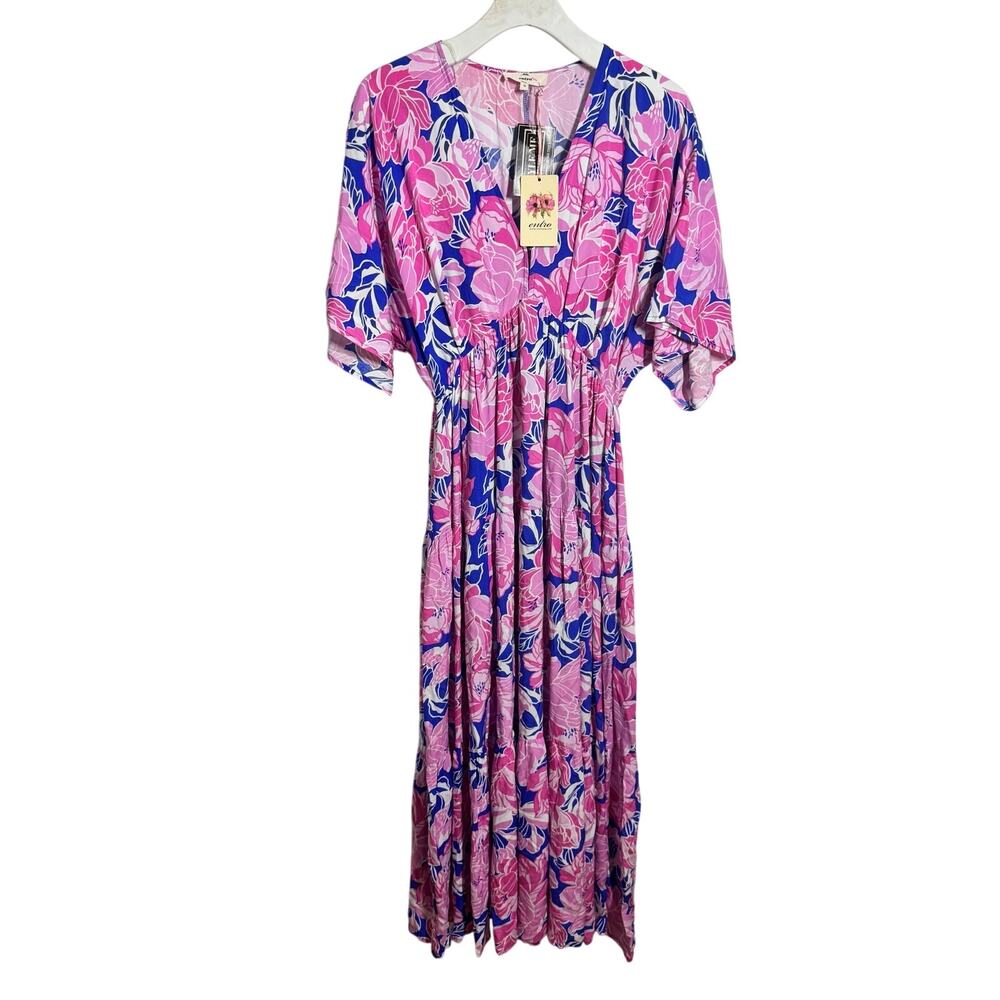 Entro Tropical Maxi Dress Women S Pink Blue Vacation‎ Coastal Beach Boho Preppy